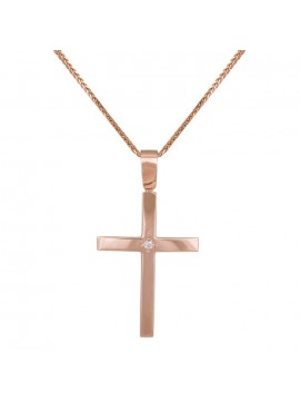 Σταυρός γυναικείος με μπριγιάν ροζ gold 14K σετ με αλυσίδα D035863C D035863C