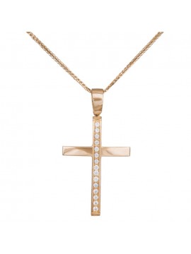 Σταυρός ροζ gold 14Κ με ζιργκόν και αλυσίδα D036991C D036991C