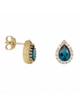 Σκουλαρίκια χρυσά ροζέτες 9Κ με πέτρα London blue D046648 D046648