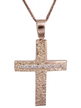 Ροζ gold ανάγλυφος σταυρός με αλυσίδα 14Κ D022152C D022152C