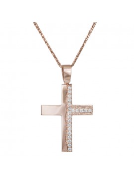 Σταυρός ροζ gold 14Κ με αλυσίδα και ζιργκόν D030499C D030499C